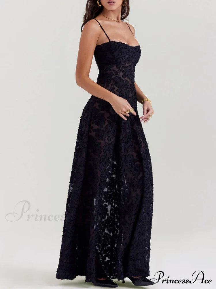 Black Floral Lace Charming Back Maxi Dress Dresses