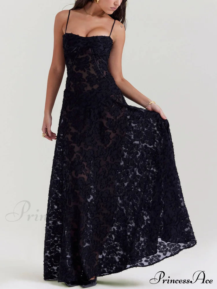 Black Floral Lace Charming Back Maxi Dress Dresses