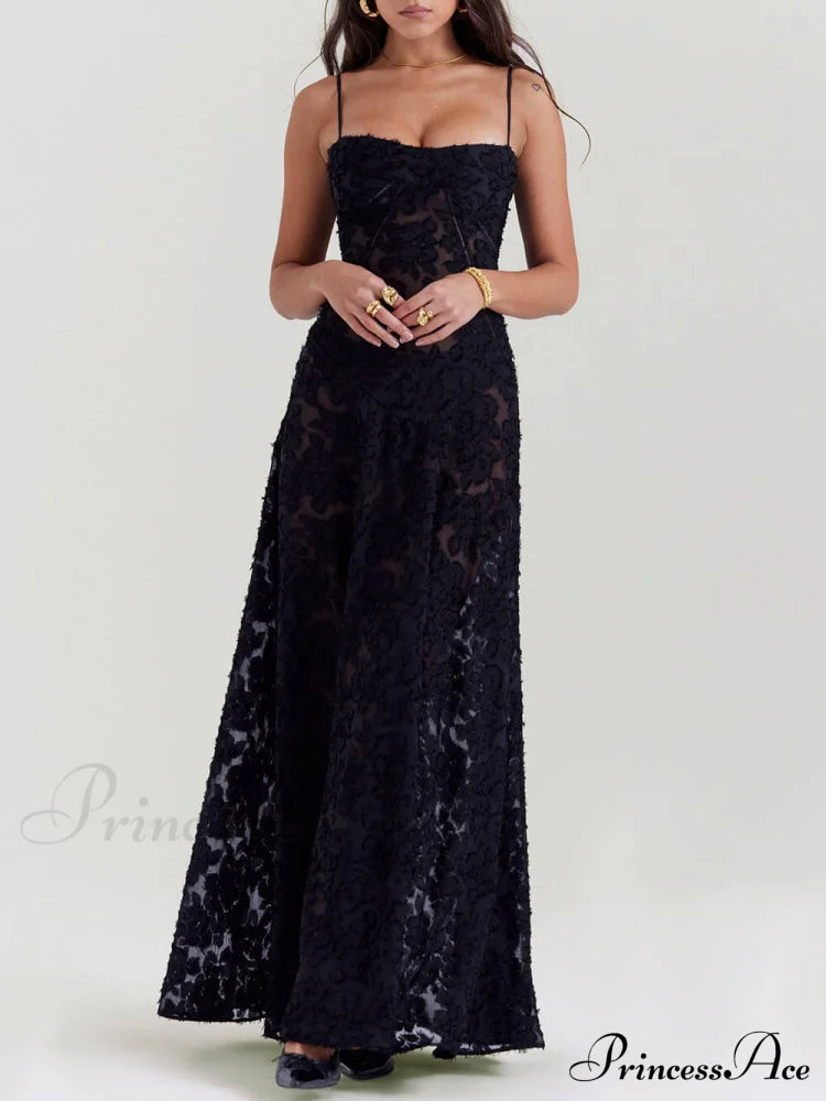 Black Floral Lace Charming Back Maxi Dress Dresses