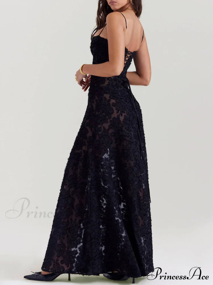 Black Floral Lace Charming Back Maxi Dress Dresses