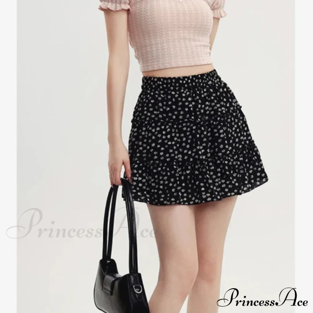 Black Floral Sweet Pleated Kawaii Patchwork Skirt