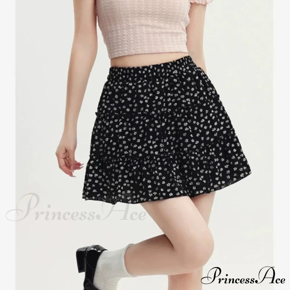 Black Floral Sweet Pleated Kawaii Patchwork Skirt