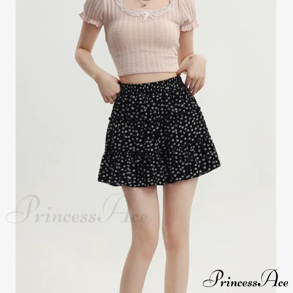 Black Floral Sweet Pleated Kawaii Patchwork Skirt