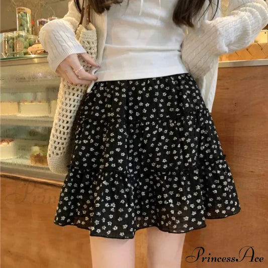 Black Floral Sweet Pleated Kawaii Patchwork Skirt / S