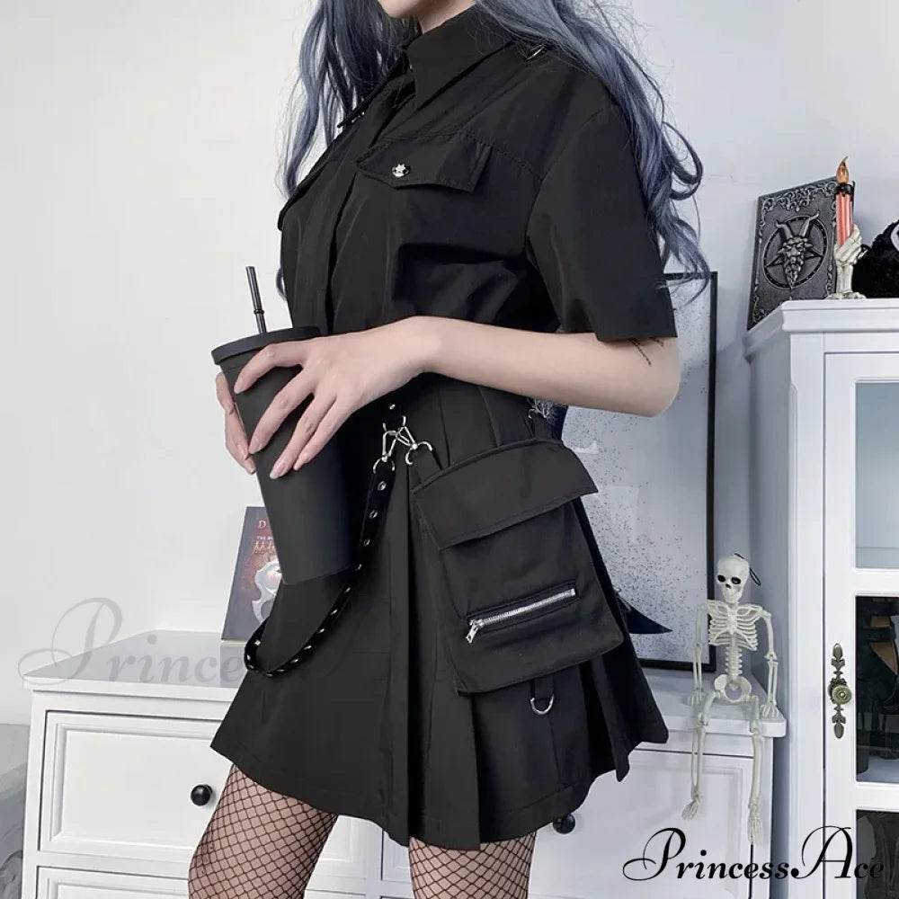 Black Functional Irregular Pleated A-Line High Waist Tooling Chain Gothic Harajuku Y2K Goth Skirt