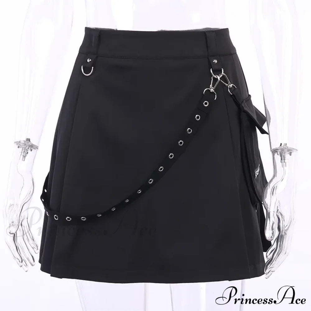 Black Functional Irregular Pleated A-Line High Waist Tooling Chain Gothic Harajuku Y2K Goth Skirt