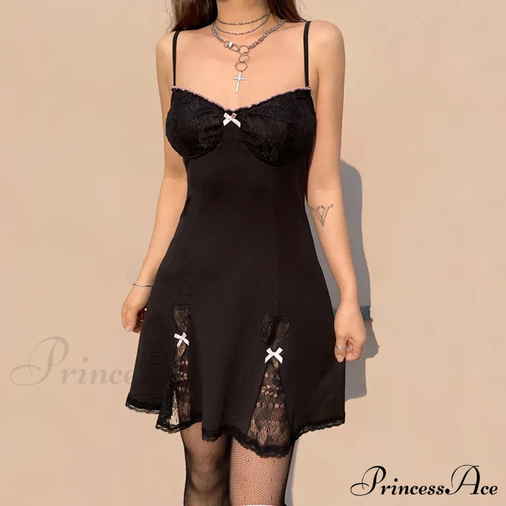 Black Gothic Lolita Style Lace Trim Sleeveless V Neck Bow Y2K Aesthetic Grunge Mini A-Line Dress