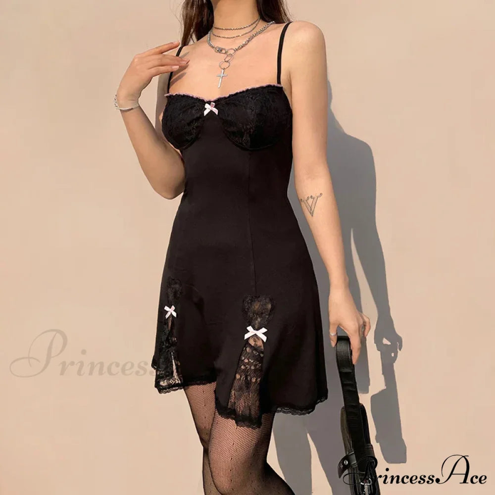 Black Gothic Lolita Style Lace Trim Sleeveless V Neck Bow Y2K Aesthetic Grunge Mini A-Line Dress