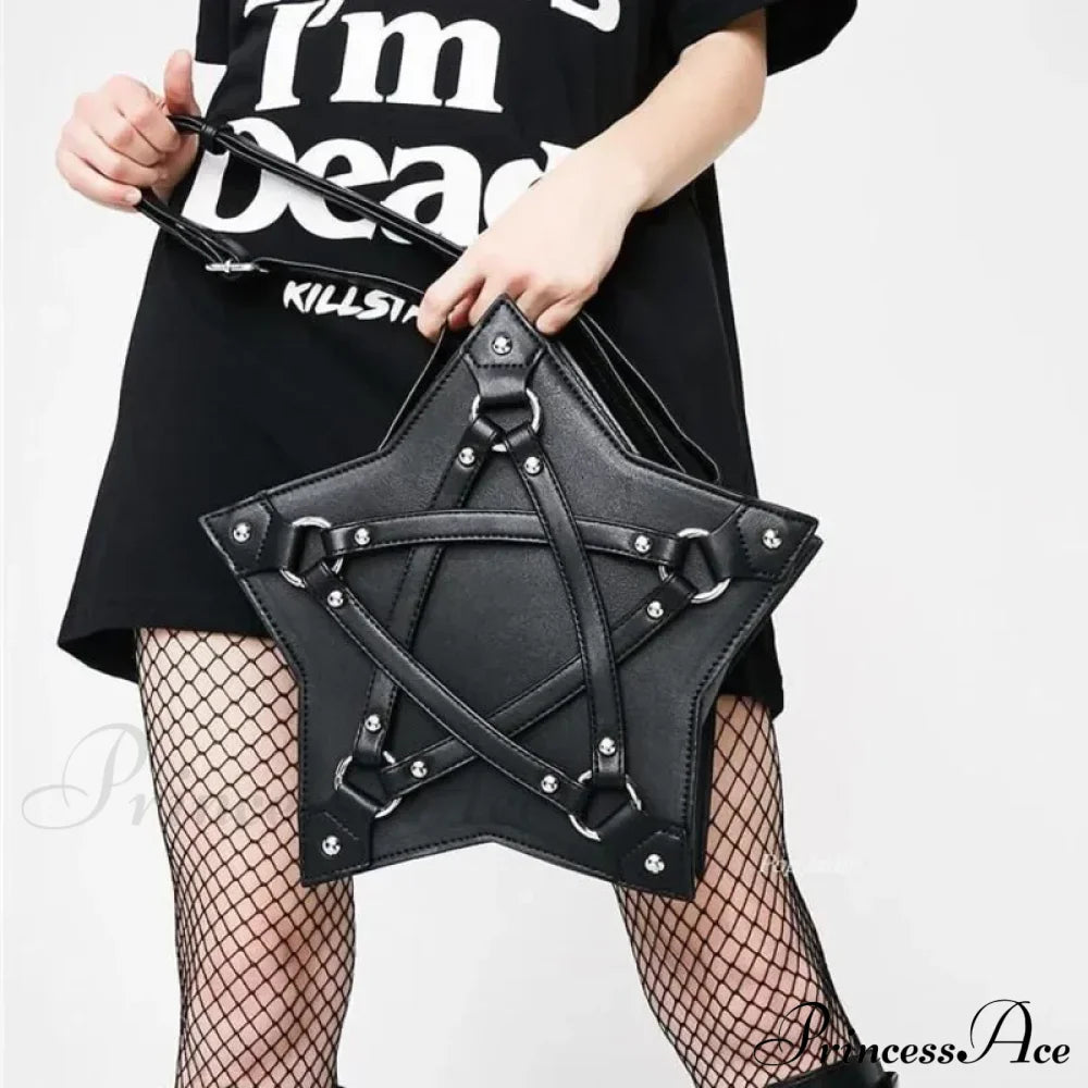 Black Gothic Pentagram Unisex Punk Designer Casual Retro Fashion Leather Bag Halloween