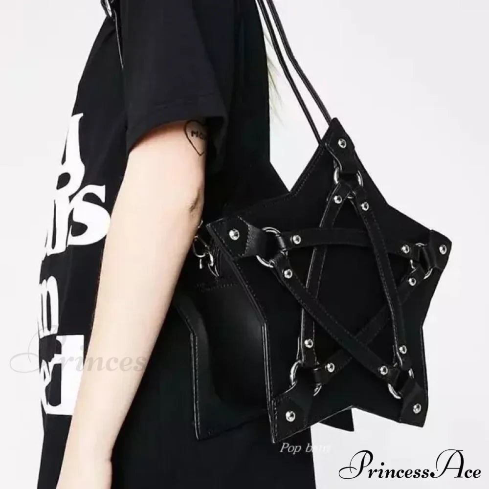 Black Gothic Pentagram Unisex Punk Designer Casual Retro Fashion Leather Bag Halloween