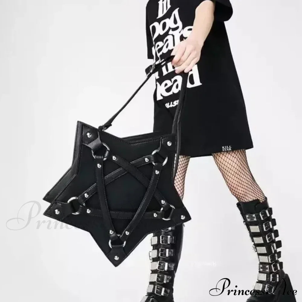 Black Gothic Pentagram Unisex Punk Designer Casual Retro Fashion Leather Bag Halloween