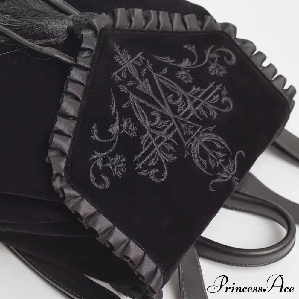 Black Gothic Velvet Witch Harajuku Magic Embroidery Dark Punk Rock Shoulder Bag Halloween