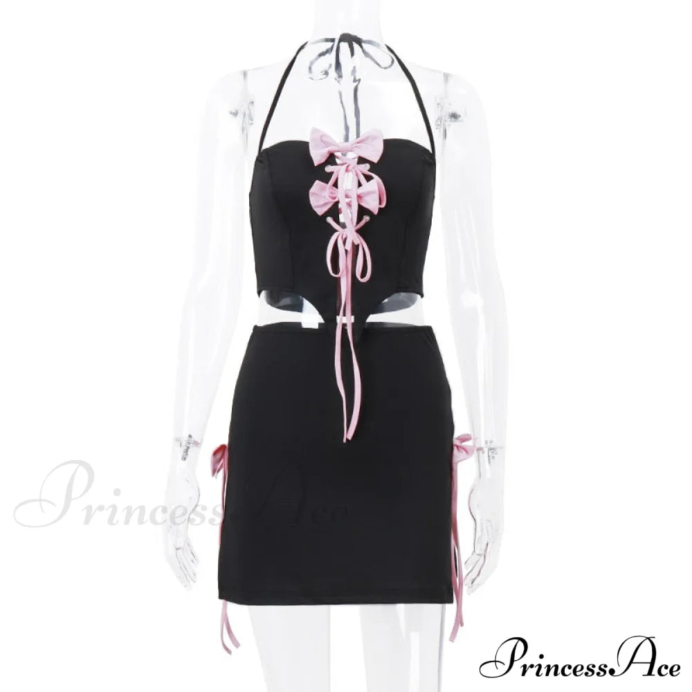 Black Halter Bow Tie Up Trendy Top And Mini Skirt Set