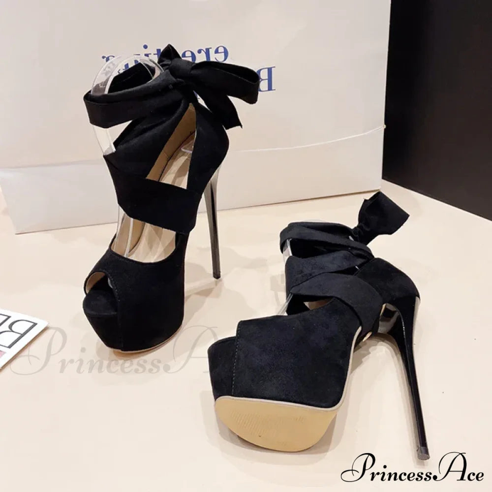 Black High Heelsfashion Ankle-Cross-Strap Platform Pumps Sexy Peep-Toe Party Dress Stiletto Heel