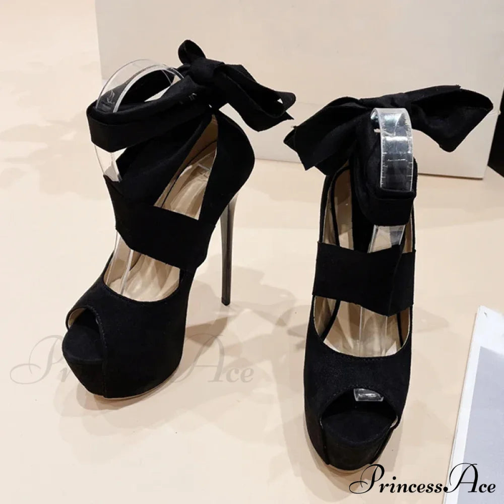 Black High Heelsfashion Ankle-Cross-Strap Platform Pumps Sexy Peep-Toe Party Dress Stiletto Heel /