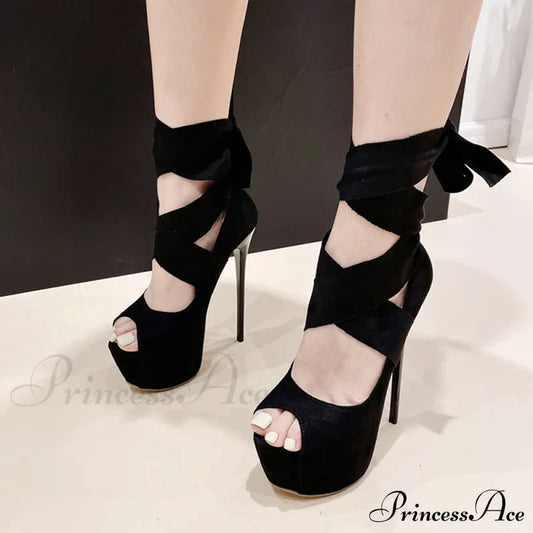 Black High Heelsfashion Ankle-Cross-Strap Platform Pumps Sexy Peep-Toe Party Dress Stiletto Heel