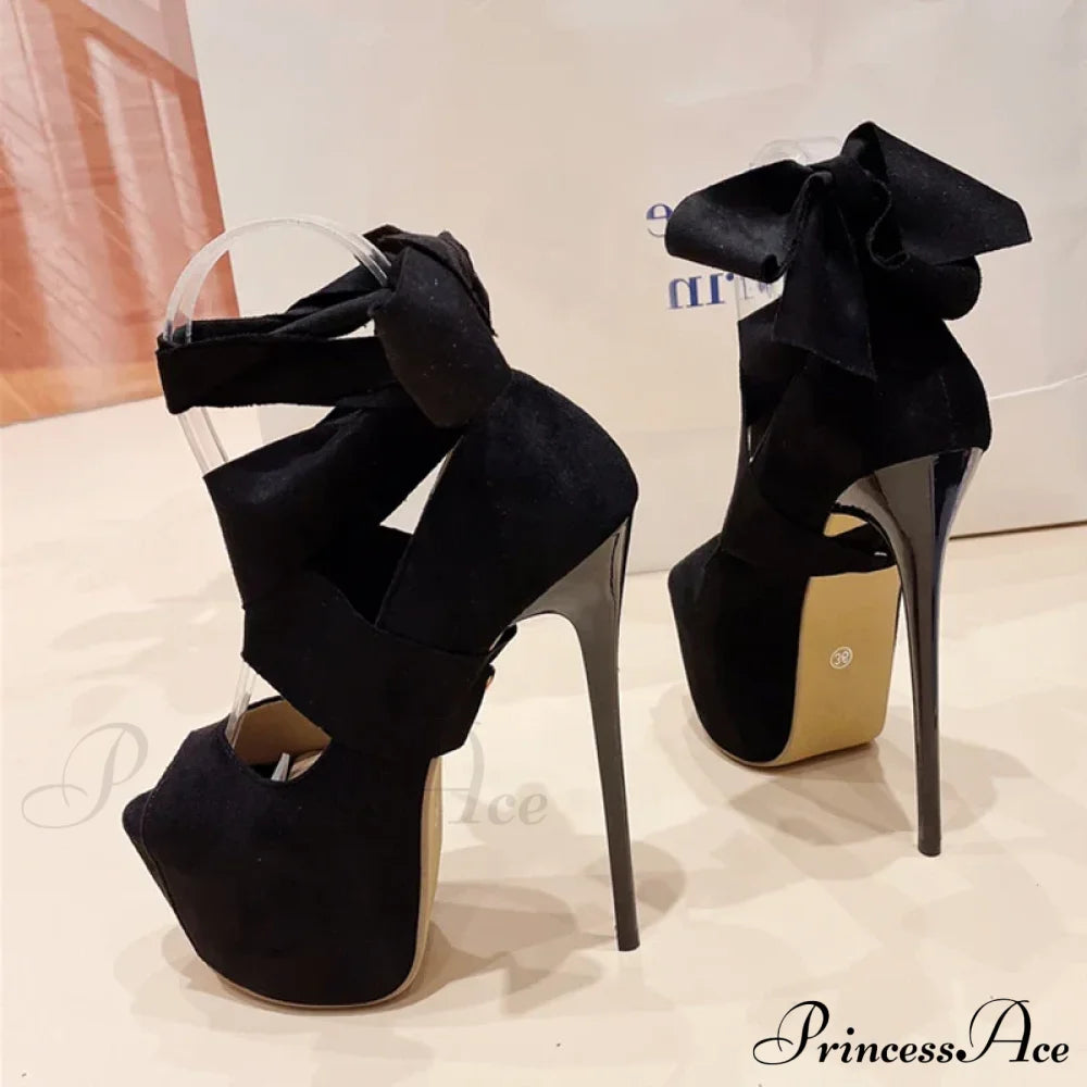 Black High Heelsfashion Ankle-Cross-Strap Platform Pumps Sexy Peep-Toe Party Dress Stiletto Heel