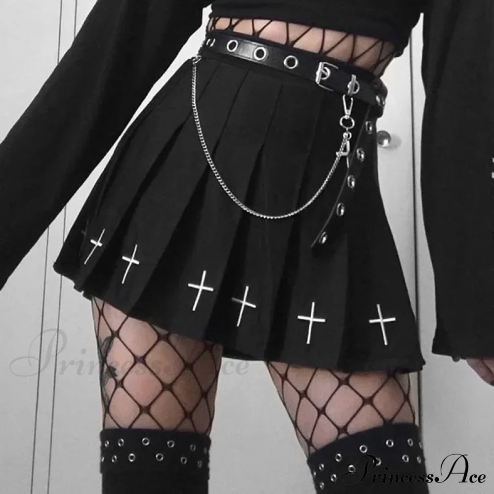 Black High Waist Pleated Vintage Gothic Streetwear Cross Print Skirt Halloween