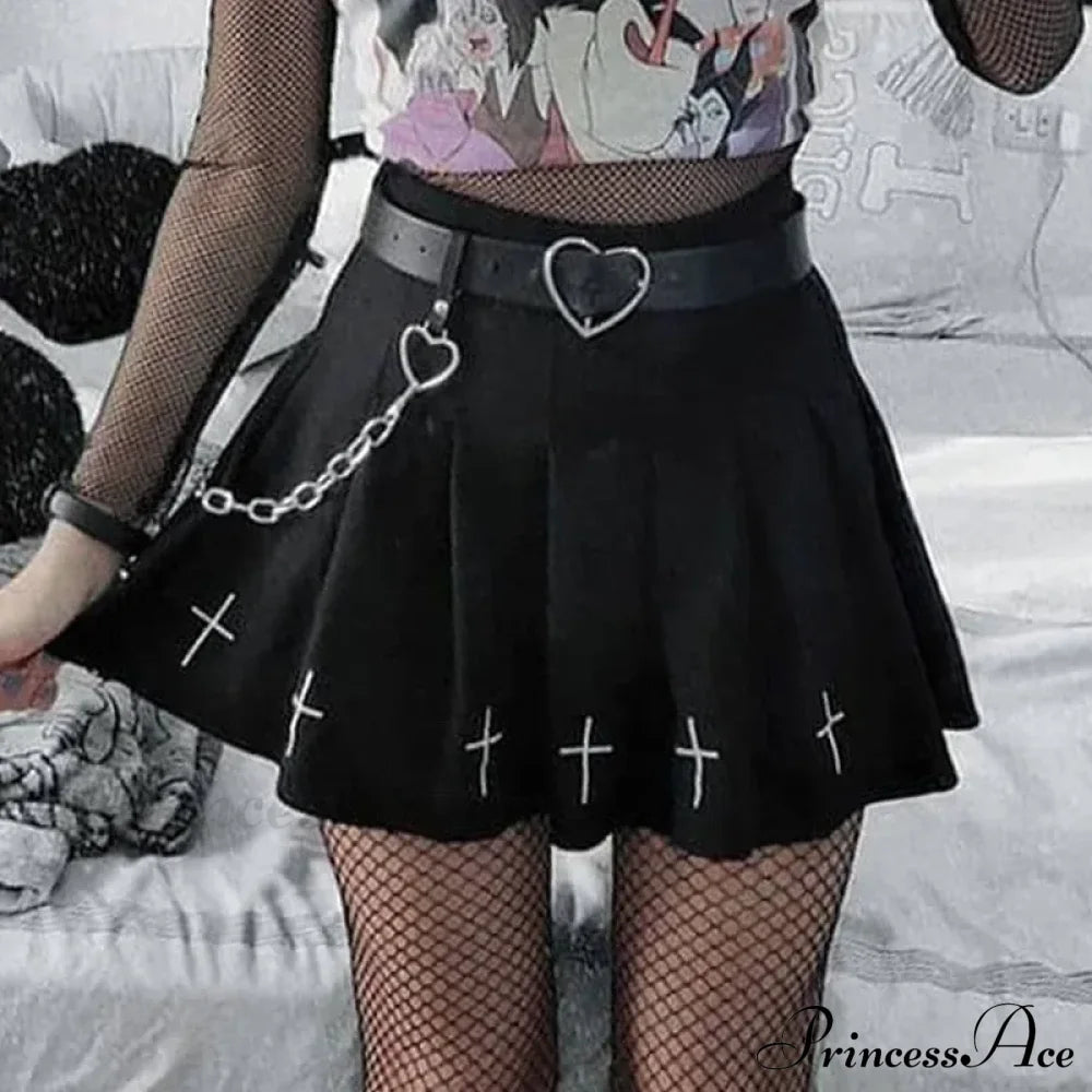 Black High Waist Pleated Vintage Gothic Streetwear Cross Print Skirt Halloween