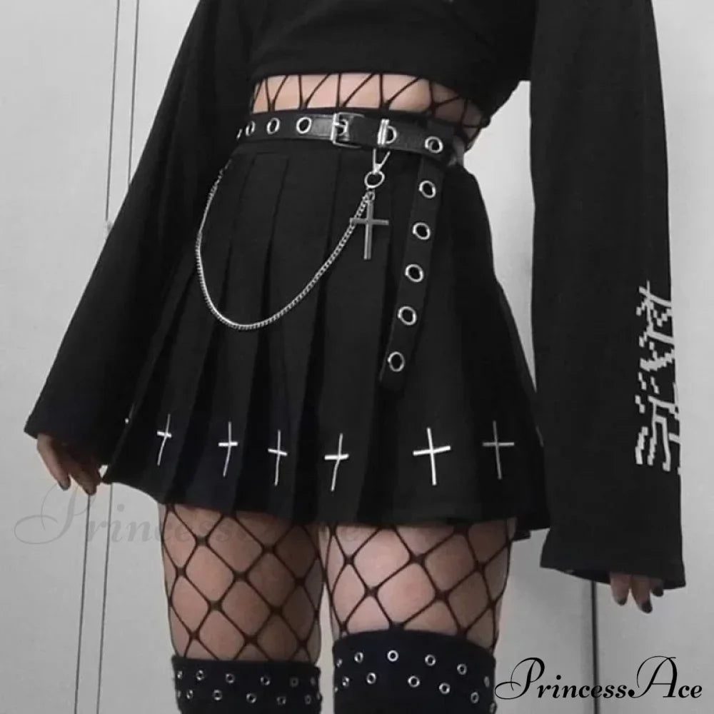 Black High Waist Pleated Vintage Gothic Streetwear Cross Print Skirt Halloween