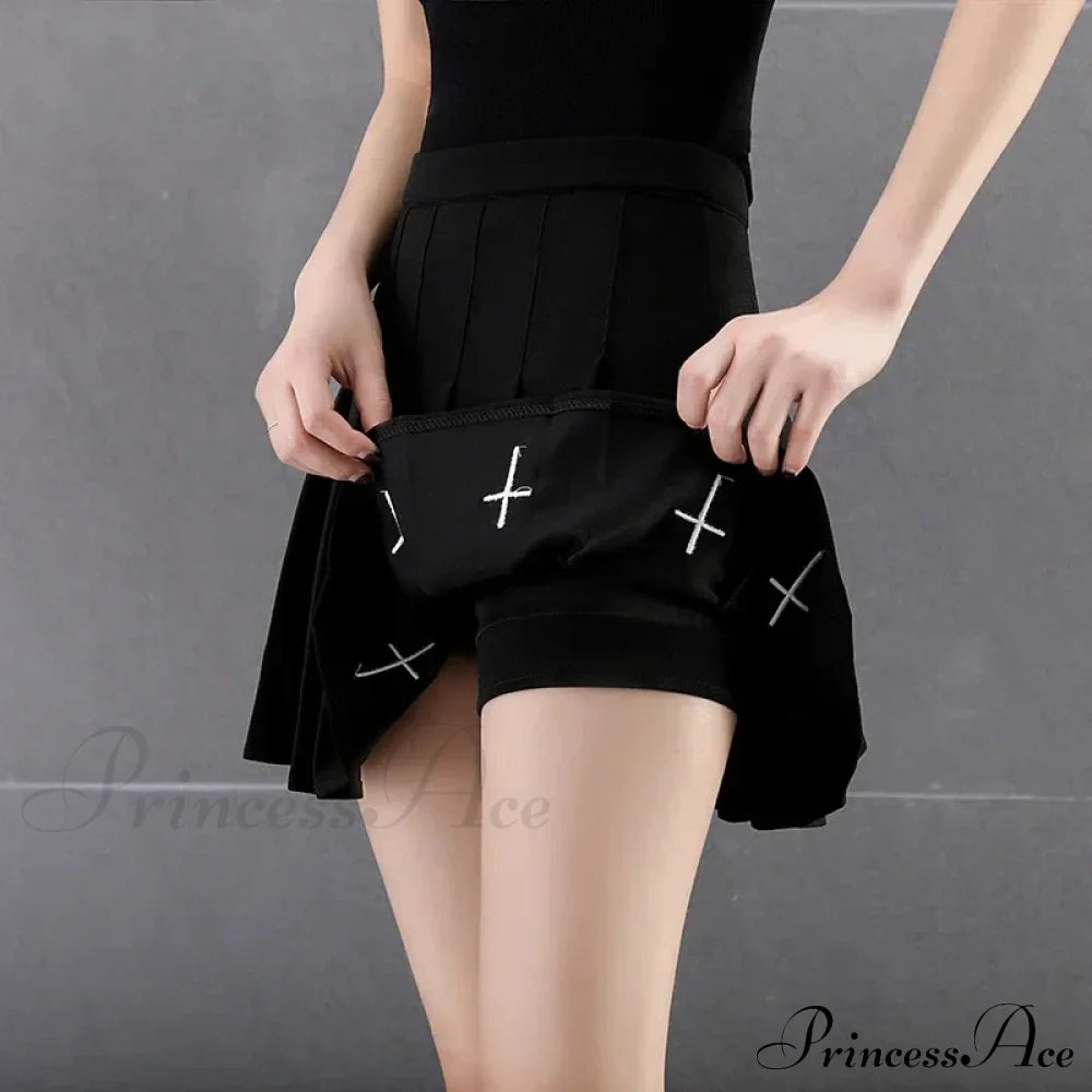 Black High Waist Pleated Vintage Gothic Streetwear Cross Print Skirt Halloween