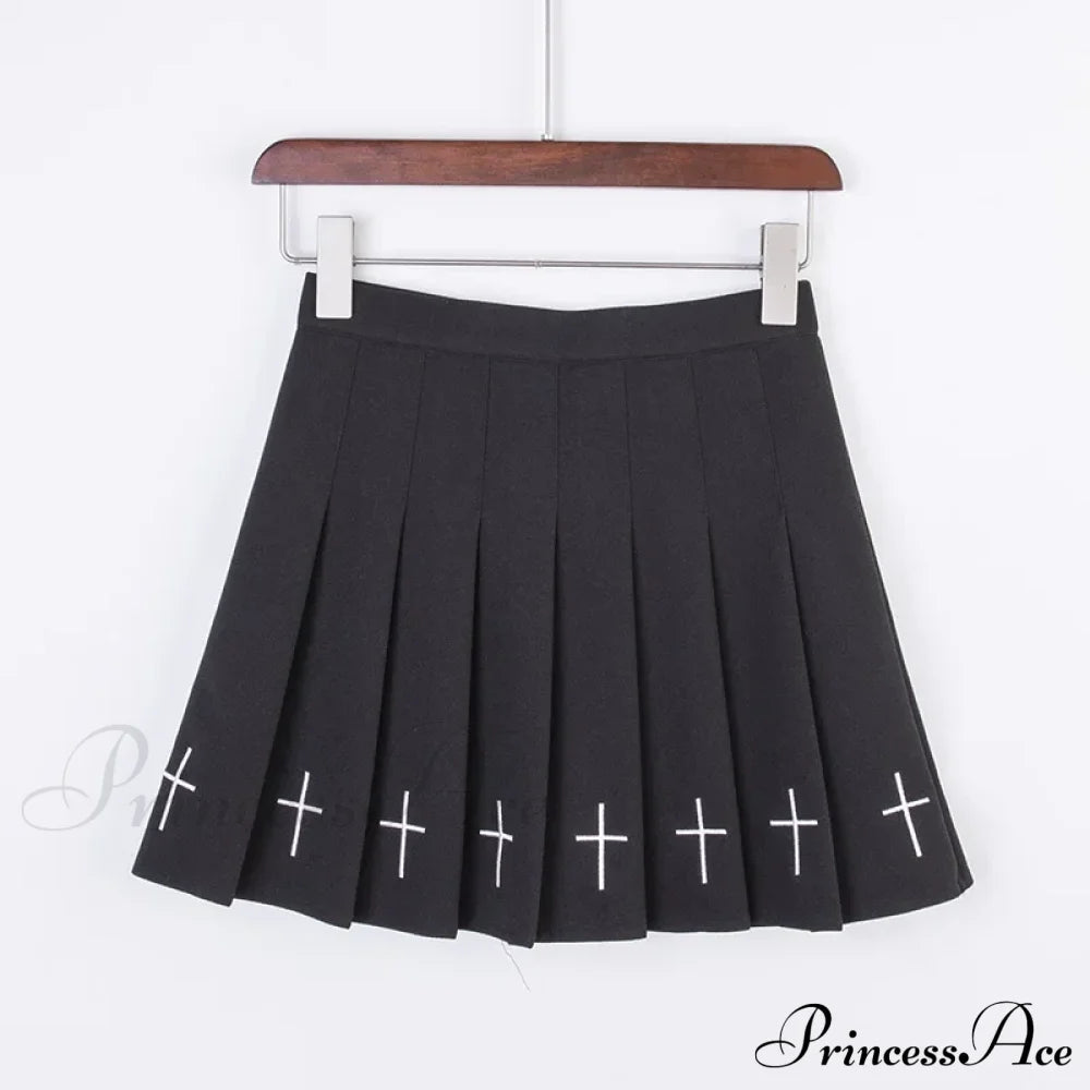 Black High Waist Pleated Vintage Gothic Streetwear Cross Print Skirt Black / S Halloween