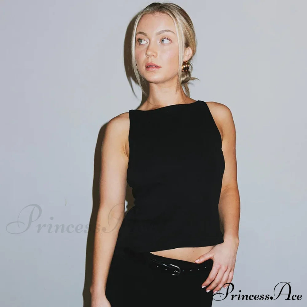 Black Hollow Out Charming Bow Tank Top Black / M