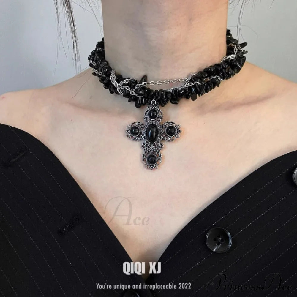 Black Irregular Stone Heavy Gothic Punk Layered Necklace Halloween