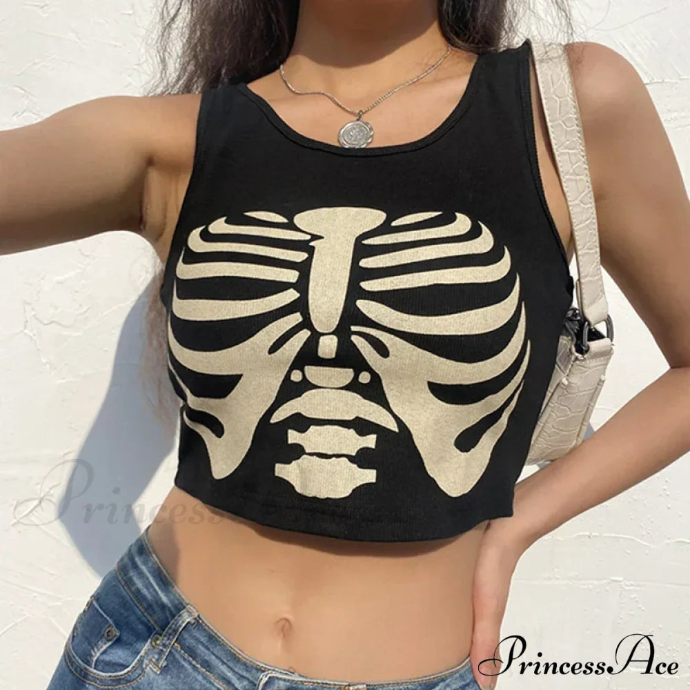 Black Knitted Grunge Punk Goth Goat Head Print Summer Sexy Sleeveless O-Neck Crop Top Black1 / S