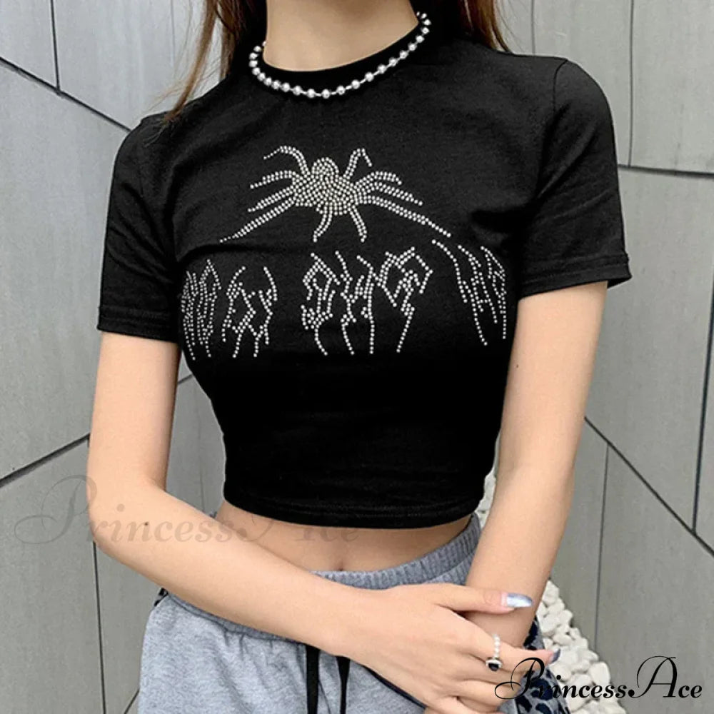 Black Knitted Grunge Punk Goth Goat Head Print Summer Sexy Sleeveless O-Neck Crop Top Black3 / S