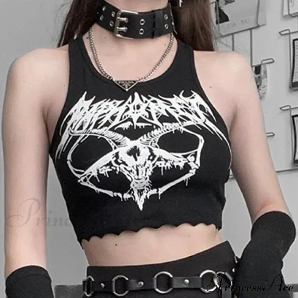 Black Knitted Grunge Punk Goth Goat Head Print Summer Sexy Sleeveless O-Neck Crop Top Halloween