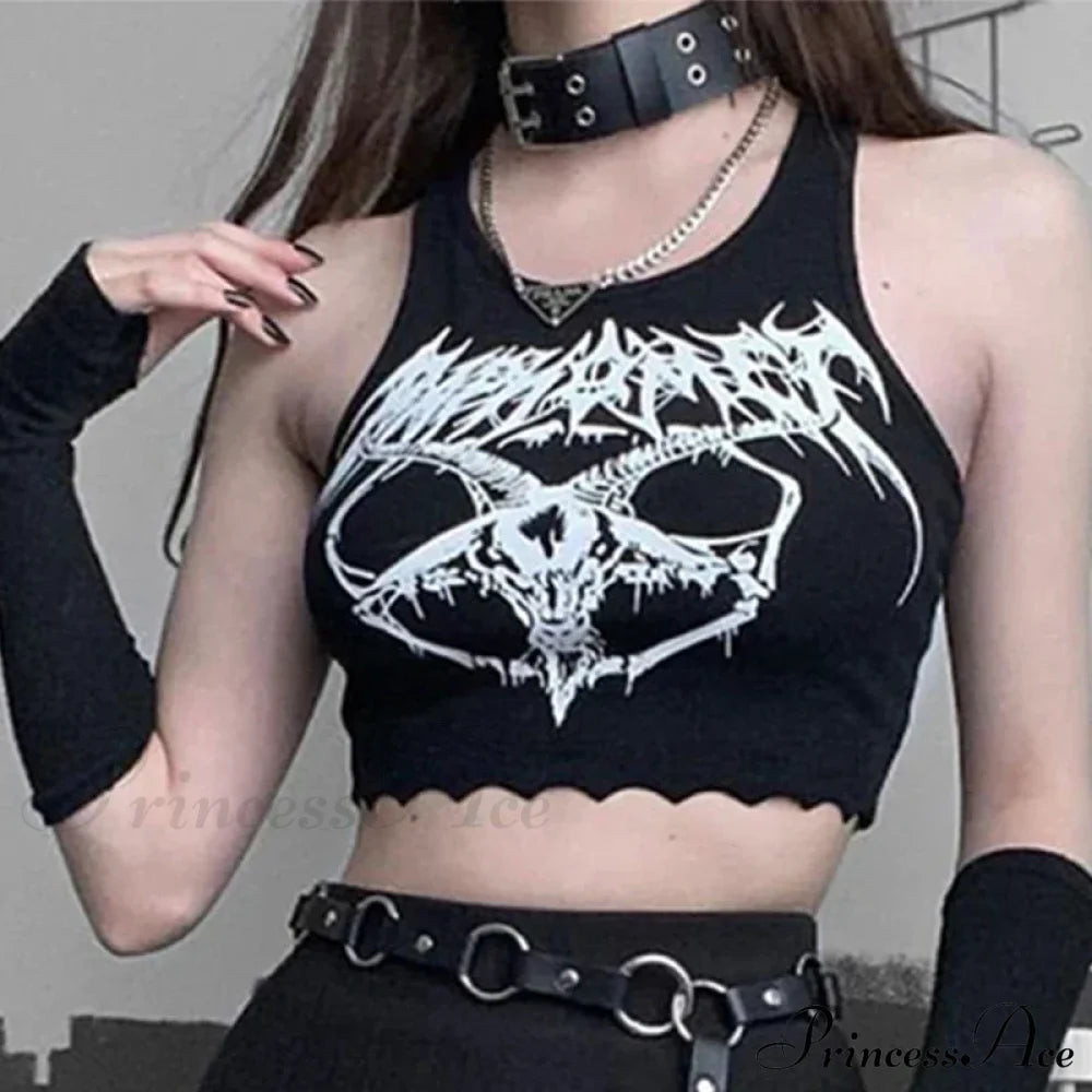 Black Knitted Grunge Punk Goth Goat Head Print Summer Sexy Sleeveless O-Neck Crop Top / S Halloween