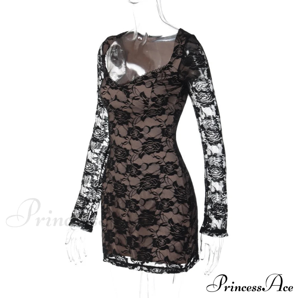 Black Lace Layered Charming Long Sleeve Mini Dress