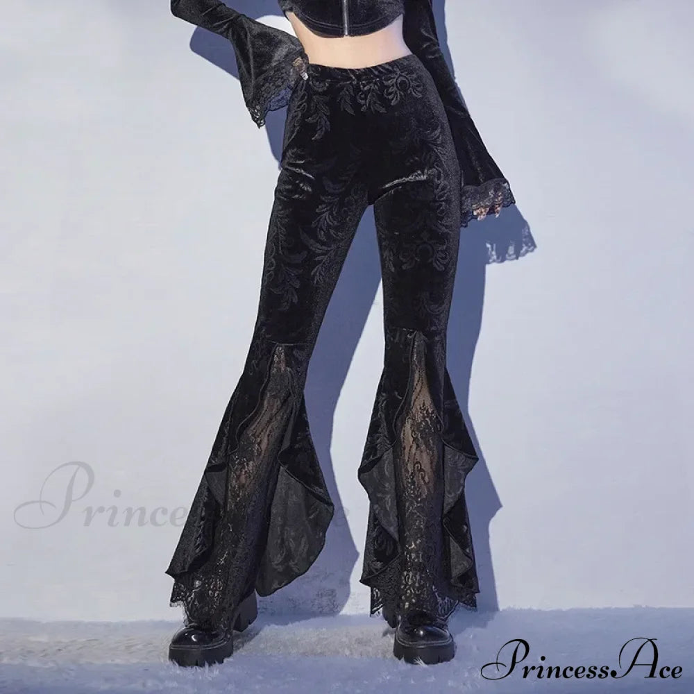 Black Lace Mesh Flared Halloween Pants