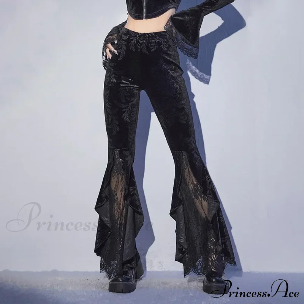 Black Lace Mesh Flared Halloween Pants