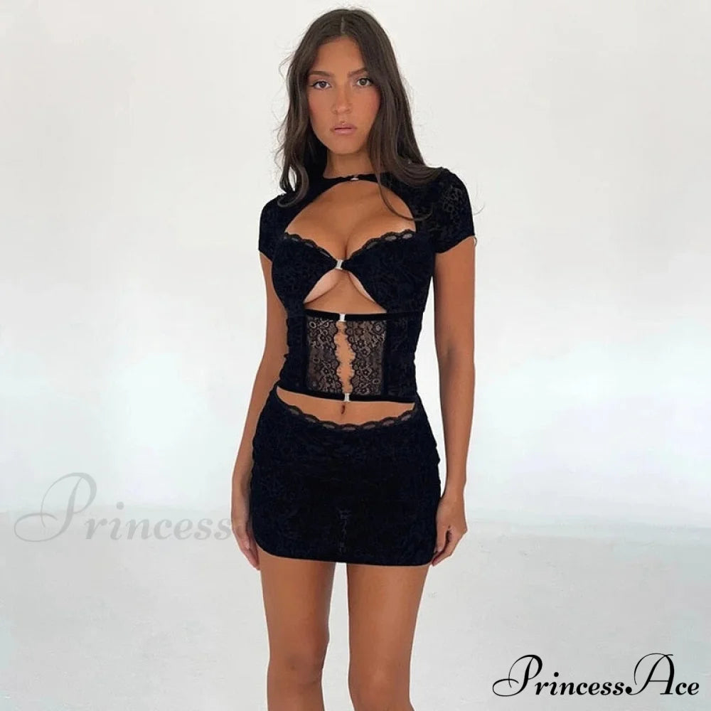 Black Lace Sheer Front Cut Trendy Out Design Short Sleeve Mini Dress