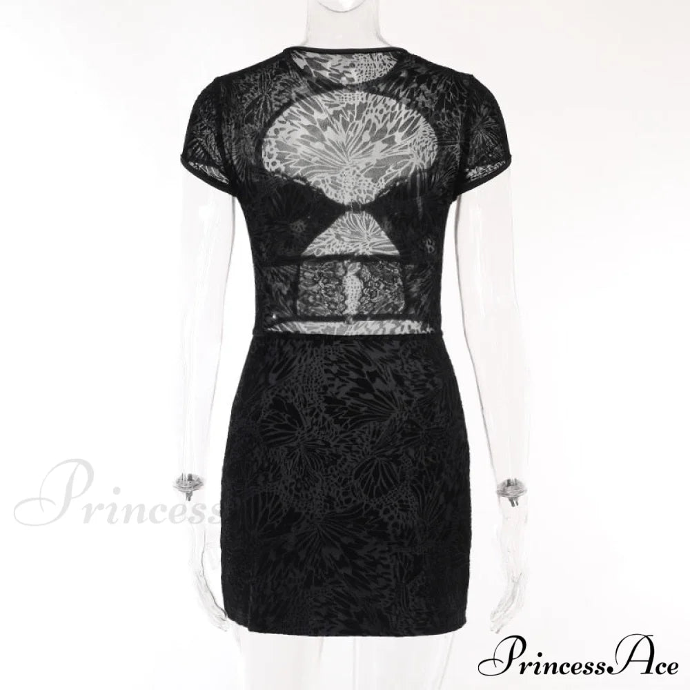 Black Lace Sheer Front Cut Trendy Out Design Short Sleeve Mini Dress