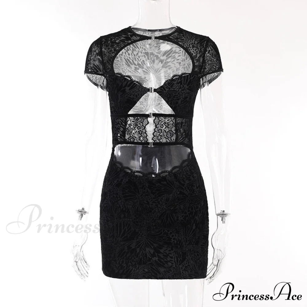 Black Lace Sheer Front Cut Trendy Out Design Short Sleeve Mini Dress