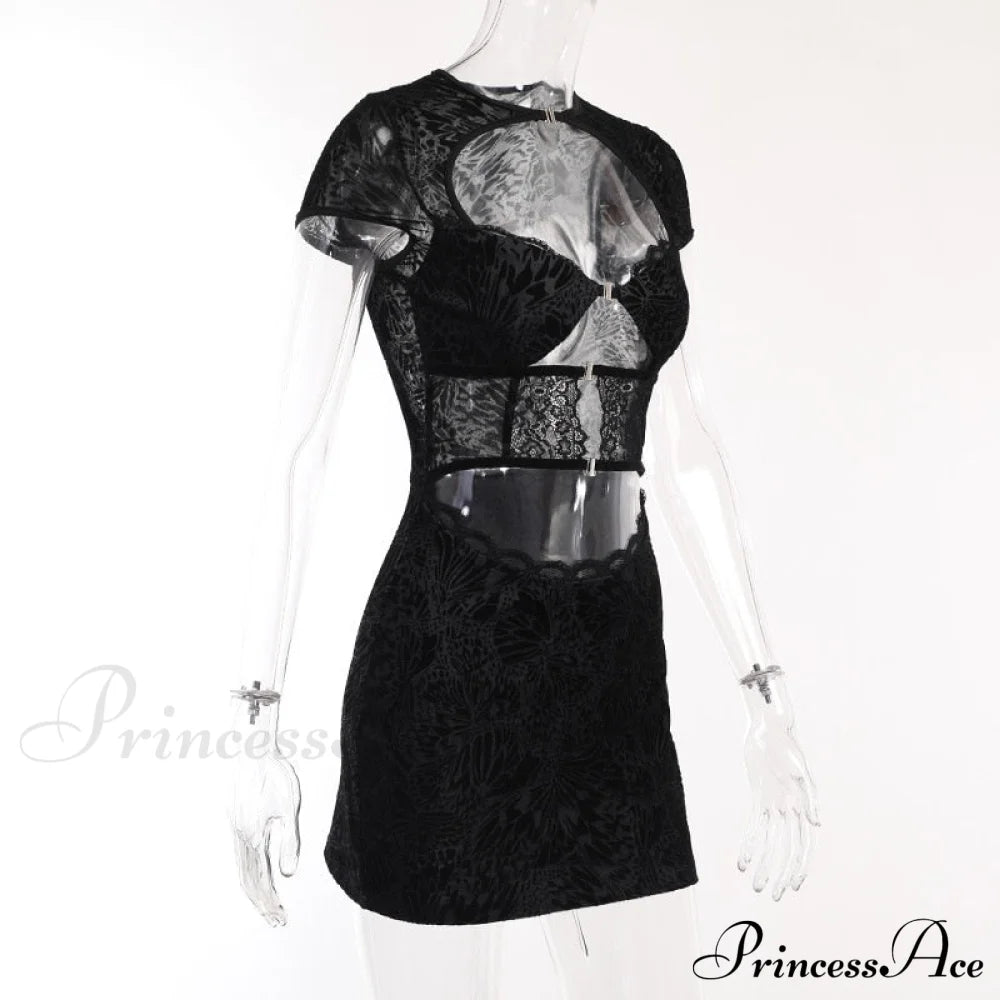 Black Lace Sheer Front Cut Trendy Out Design Short Sleeve Mini Dress