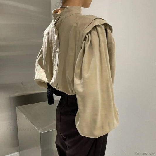 Elegant Blouse Black Sleeves Lantern Oversized And Vintage With Up Button Women’s Detail