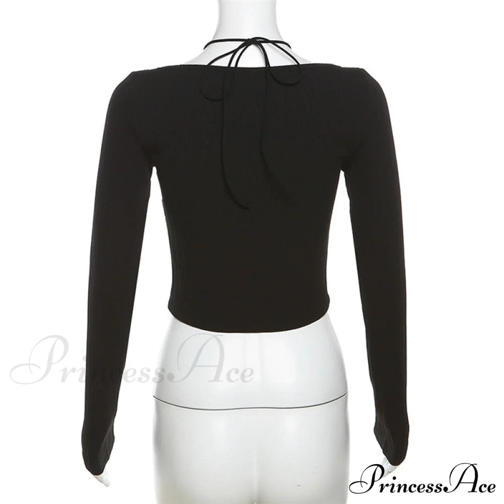 Black Long Sleeve Charming Lace Trim Halter Top