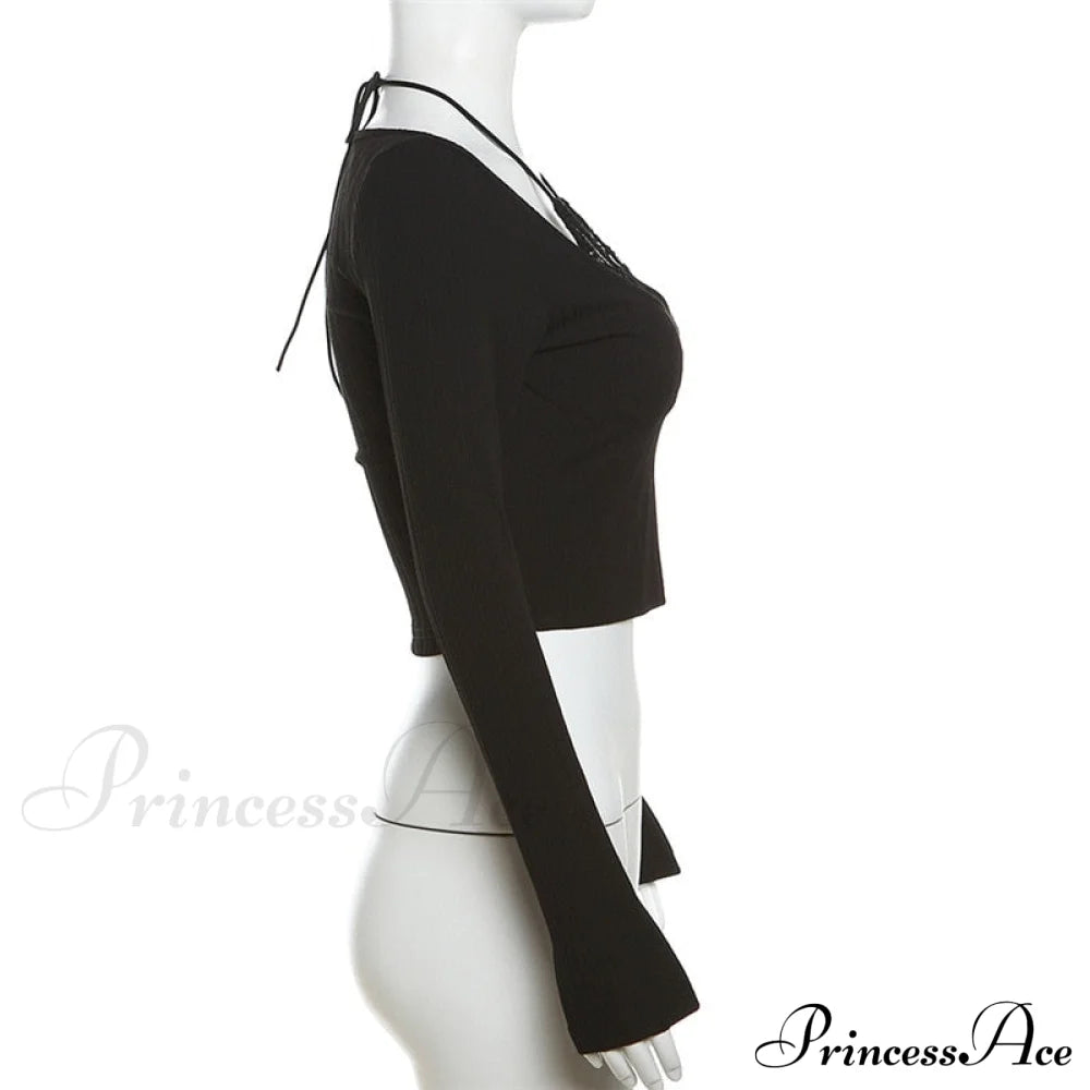 Black Long Sleeve Charming Lace Trim Halter Top