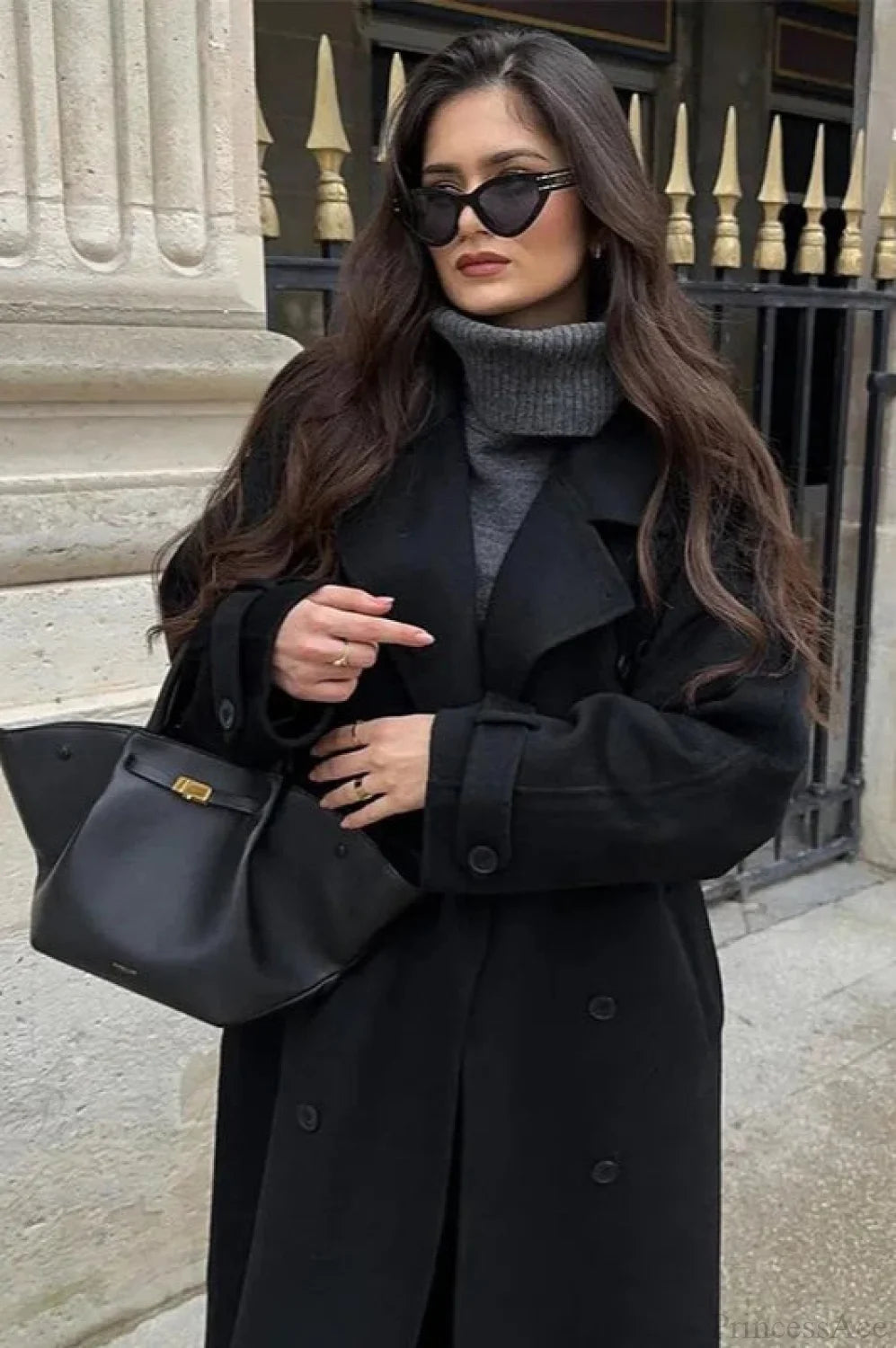 Black Loose Lapel Double-Breasted Overcoat Black / S