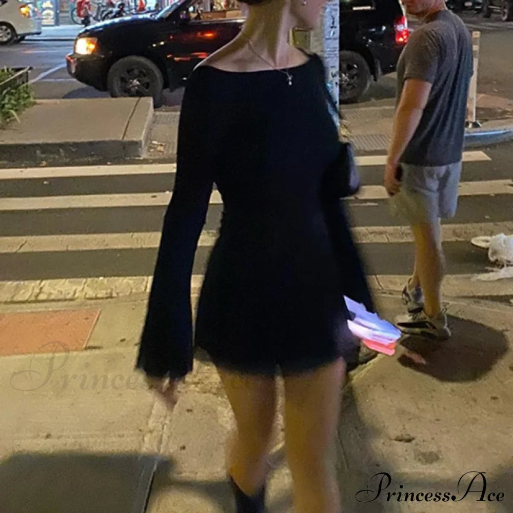 Black Mesh Long Charming Sleeve Backless Mini Dress