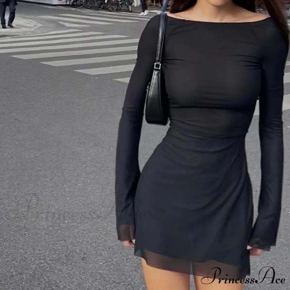 Black Mesh Long Sleeve Backless Mini Dress Free From Label