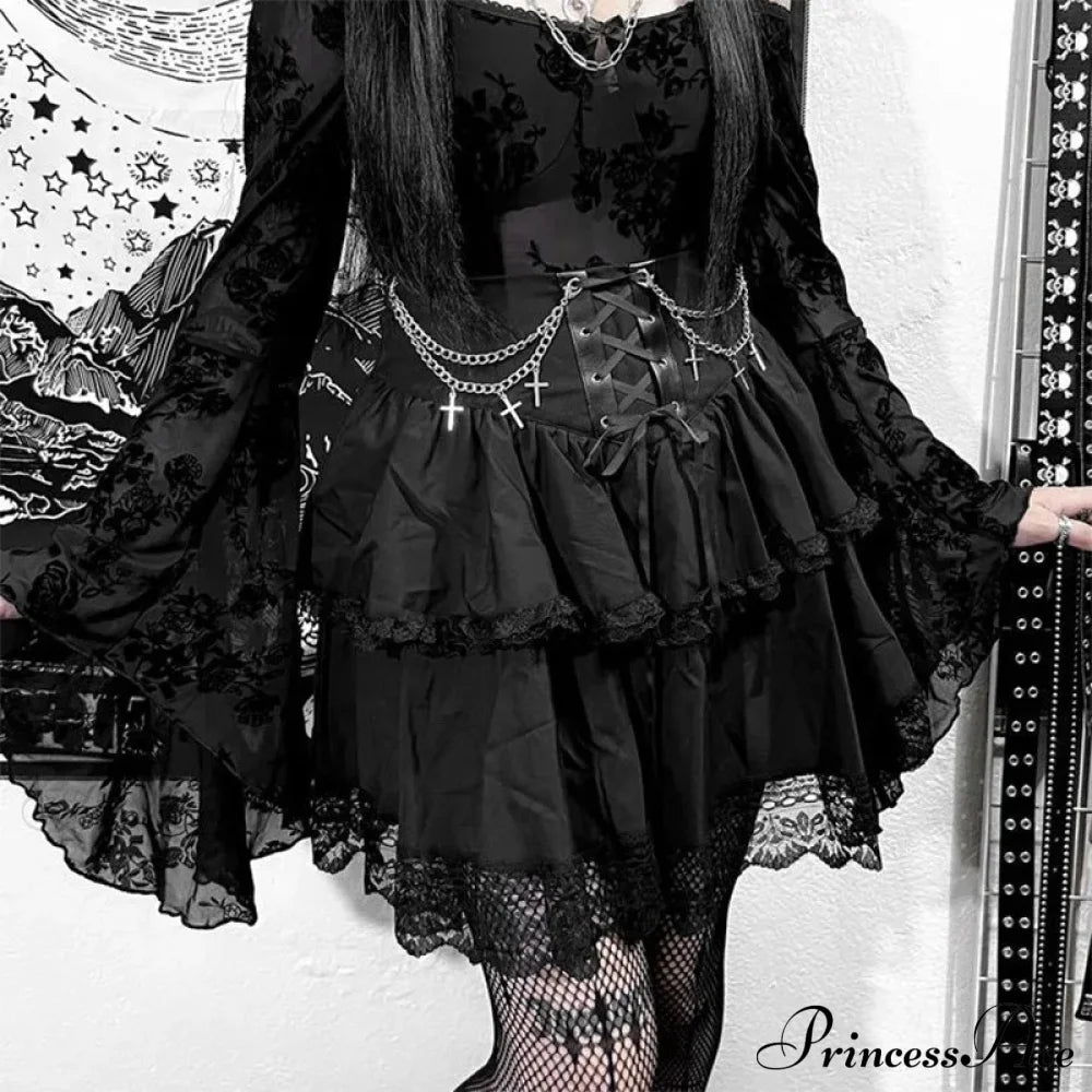 Black Mini Gothic Sexy Cute Women Drawstring Folds High Waist Irregular Ruffle Patchwork Fairycore