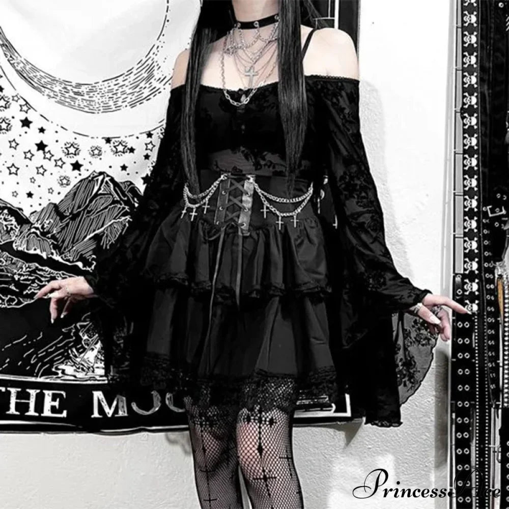 Black Mini Gothic Sexy Cute Women Drawstring Folds High Waist Irregular Ruffle Patchwork Fairycore