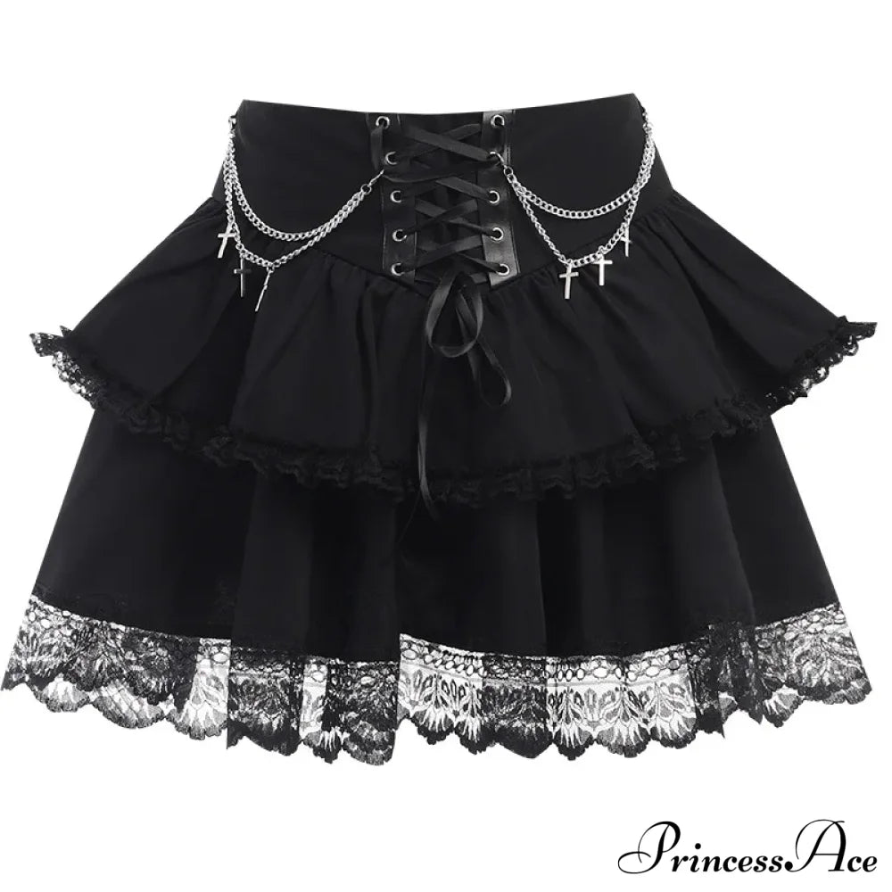 Black Mini Gothic Sexy Cute Women Drawstring Folds High Waist Irregular Ruffle Patchwork Fairycore