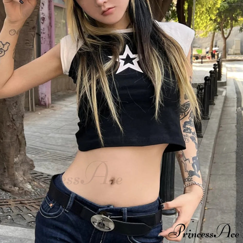 Black N White Charming Contrast Star Print Tee Shirts & Tops