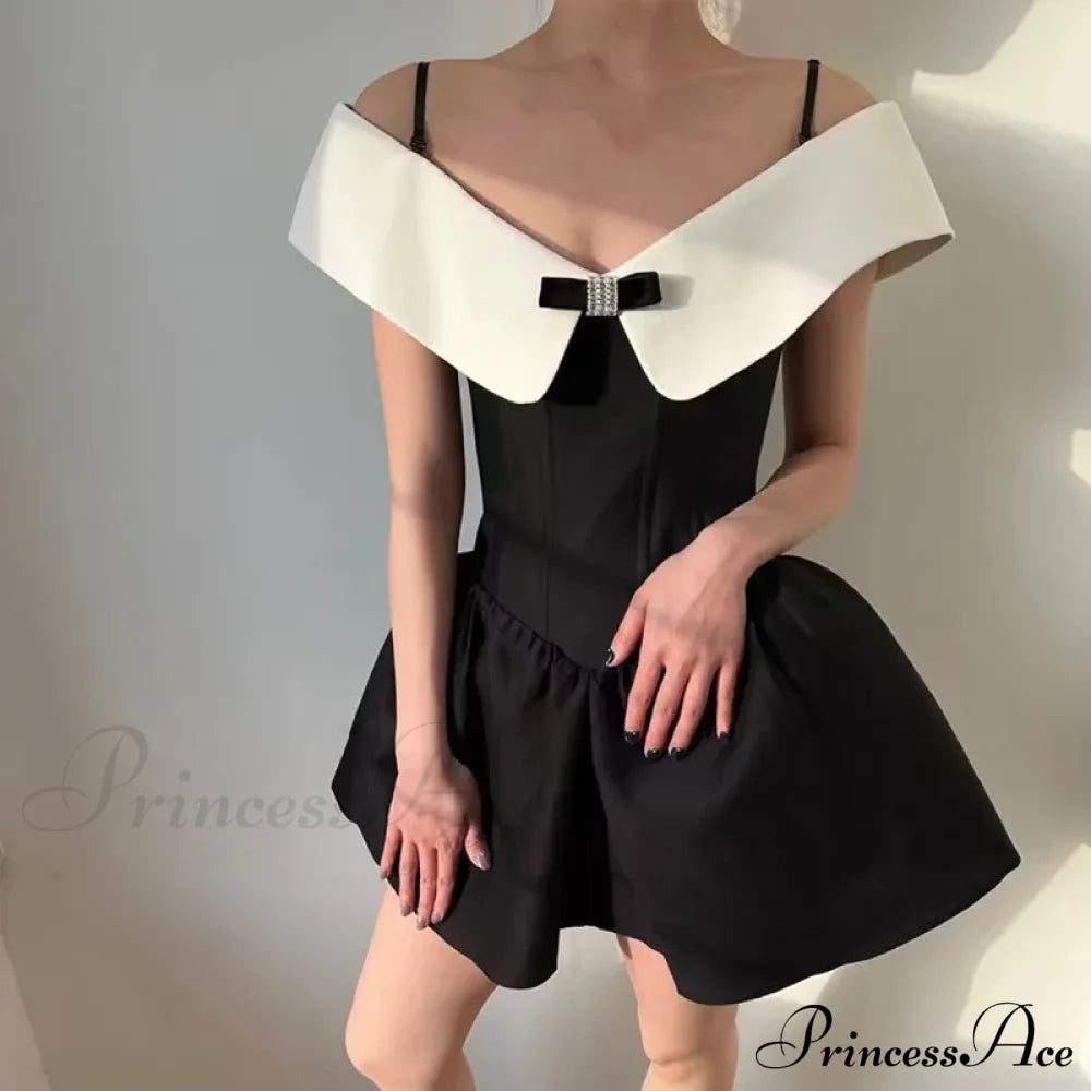 Black Off-Shoulder Contrast Charming Collar Mini Dress